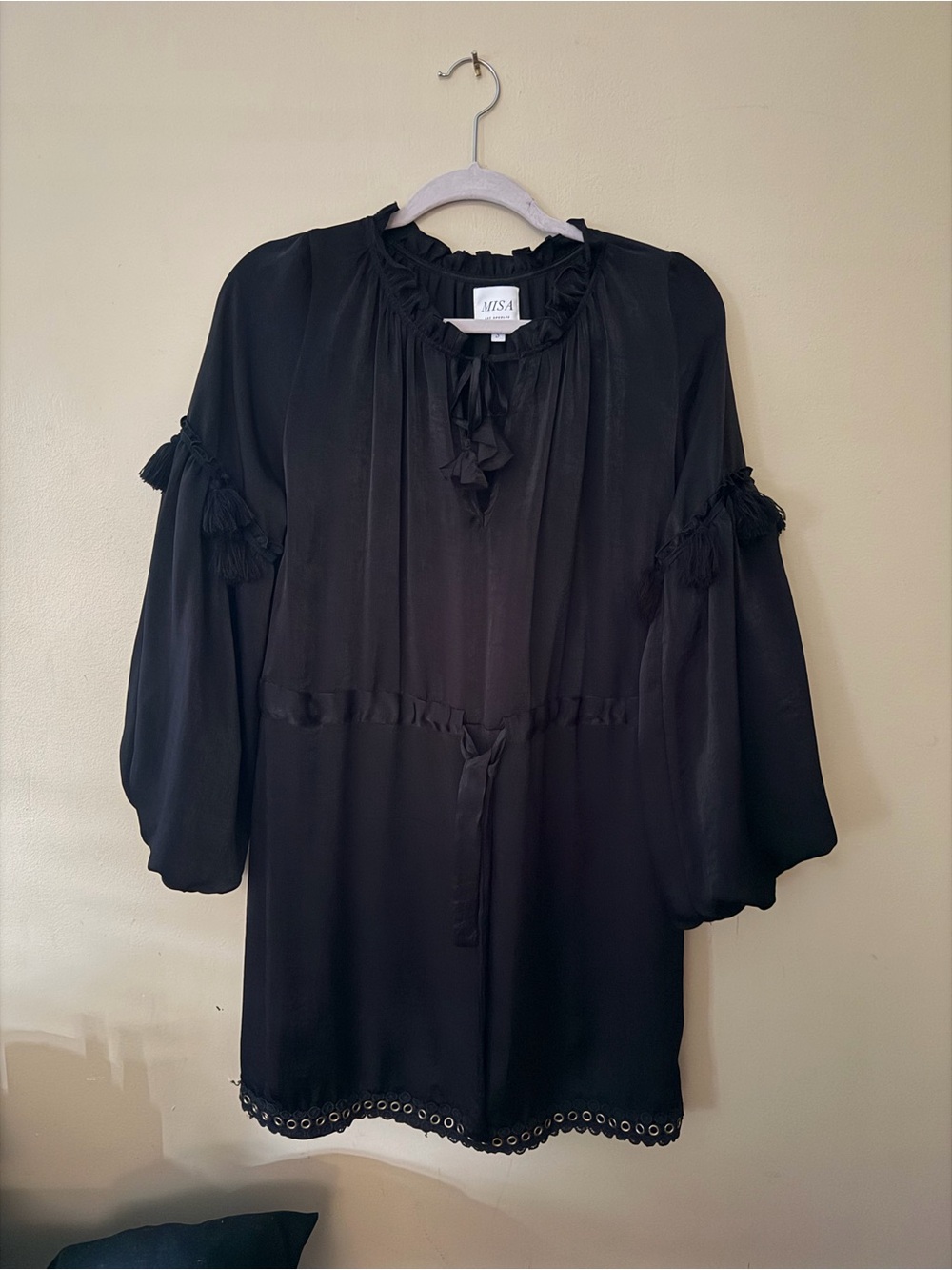 NWOT MISA Black Tassel Tie Neck Dress